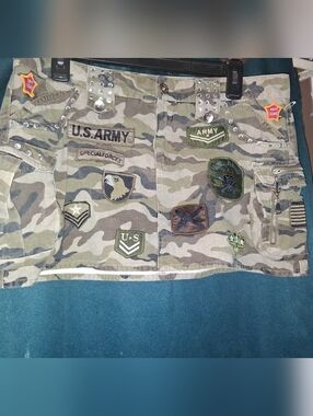 Camo Patchwork Mini Skirt with Stud Accents